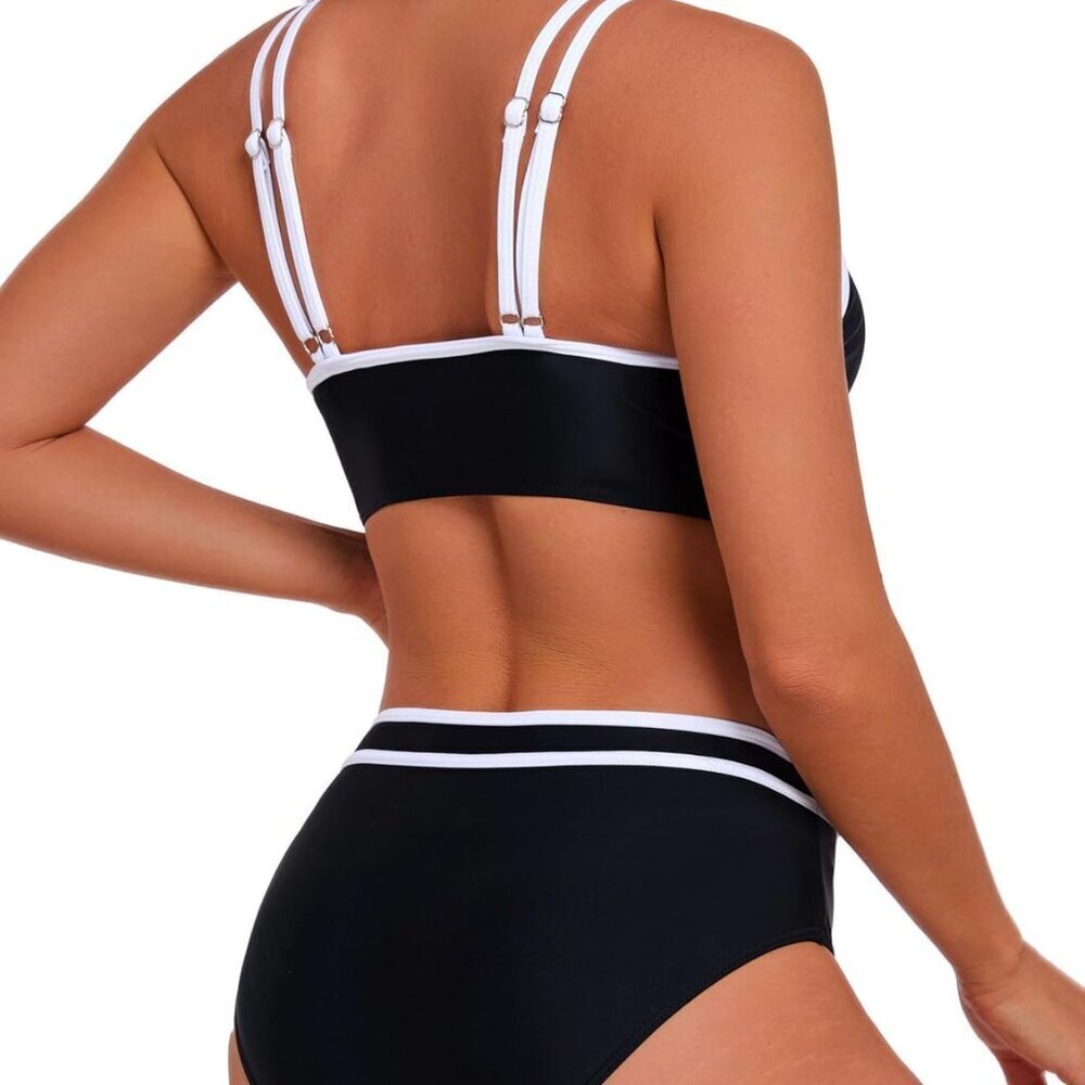 Women’s High Waisted Bikini Sets Sporty Two Pieces Swimsuit Color Block Bathing - Picture 5 of 6